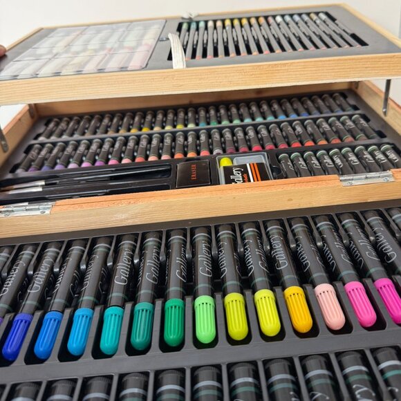 Gallery Wooden Art Supply Box Set 129 Pieces Paints Brushes Pastels Pencils - Ga - Picture 8 of 16